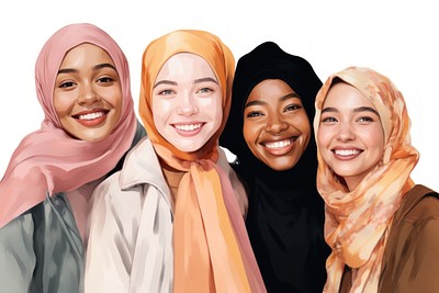 Diverse women smiling smile hijab scarf. 