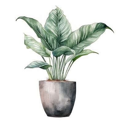 Houseplant vase leaf white background. 