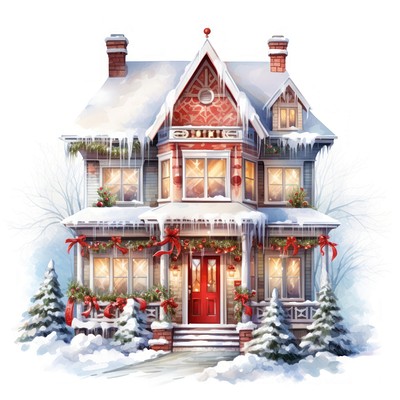 Christmas decorated house architecture building drawing. 