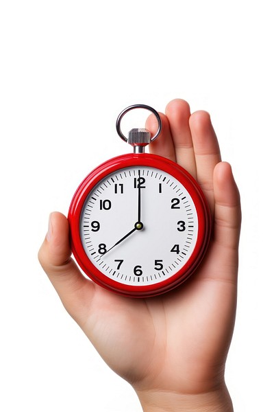 Holding stopwatch clock hand white background. 