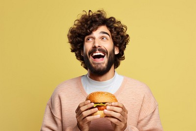 Holding a burger portrait adult beard. 