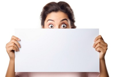 Women hiding behind a blank white board surprised adult photo. 