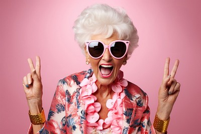 Senior woman wear sunglasses portrait laughing adult. 