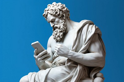 Greek sculpture holding smart phone statue representation spirituality. 