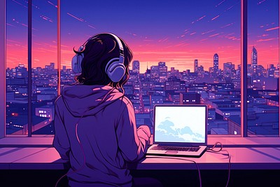 Headphones cityscape computer sitting. 