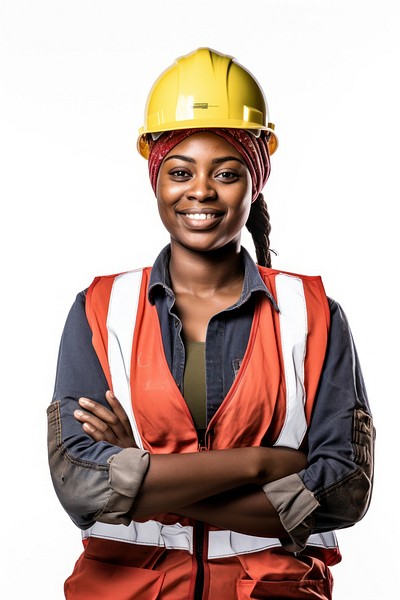 Black female carpenter portrait hardhat helmet. 