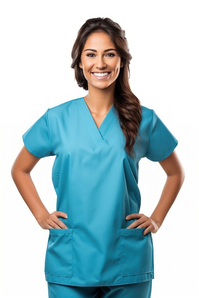 Greek female doctor portrait scrubs nurse. 