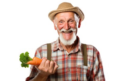 Happy smiling farmer portrait holding carrot. 