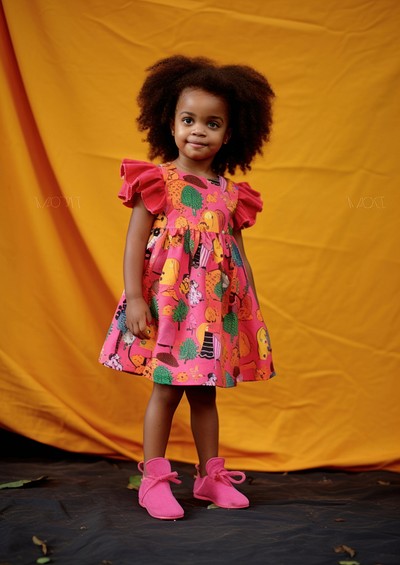 A little black girl wearing colorful animals pattern dress with cute shoe photography footwear portrait. 