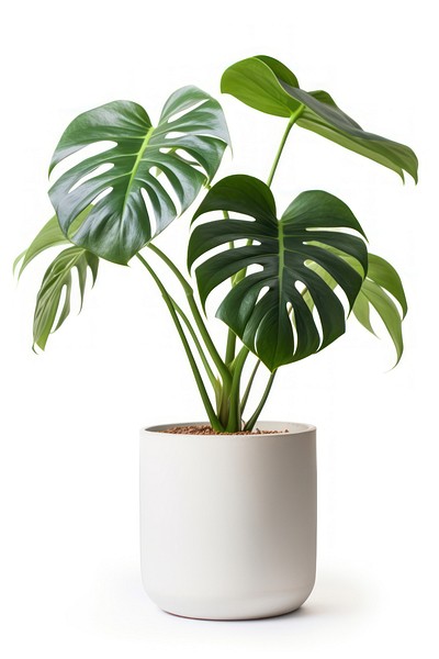 Monstera tree planted leaf vase white background. 