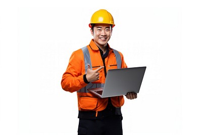 A Japanese civil engineer wearing safety gear laptop computer holding. 