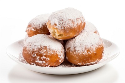 Donut sprinkled with powdered sugar plate food white background. 