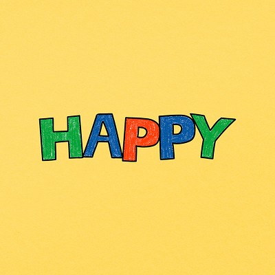 HAPPY word sticker, cute pastel yellow design psd