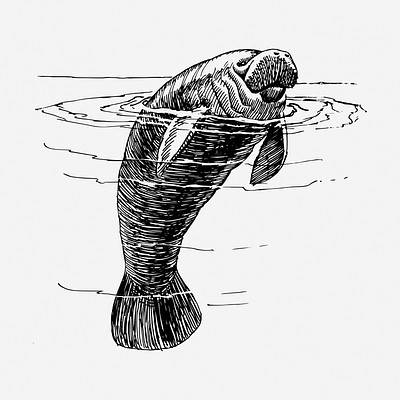 Manatee animal hand drawn illustration. Free public domain CC0 image.