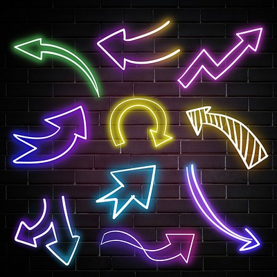 Neon arrows sign set on brick wall