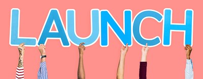Diverse hands holding word launch | Premium PSD - rawpixel