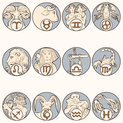 Art nouveau 12 zodiac signs vector, remixed from the artworks of <a href="https://www.rawpixel.com/search/Alphonse%20Maria%20Mucha?sort=curated&amp;page=1">Alphonse Maria Mucha</a>