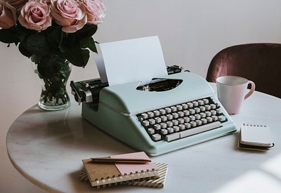 Retro mint typewriter pink roses | Premium Photo - rawpixel