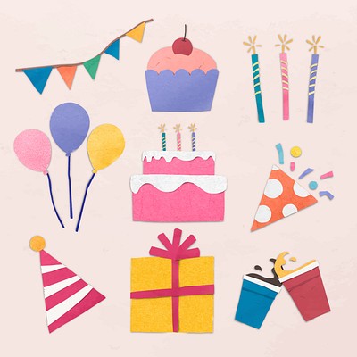 Birthday party sticker set, paper craft design vector