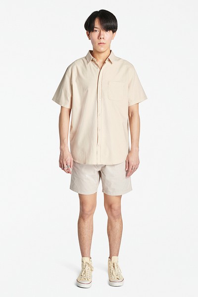 Men mockup in casual cream t-shirt and shorts