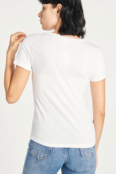 Woman in a white t-shirt mockup rear view