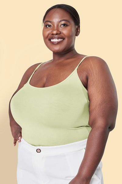 Woman&#39;s green tank top plus size fashion psd mockup