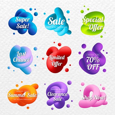 Abstract sale badge, shopping template, 3D fluid shape psd set