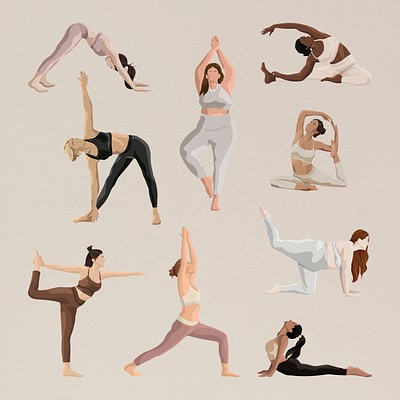 9 Yoga poses of a fit sporty man drawn in flat style. Yoga pose or asana.