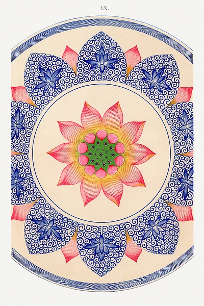 Pink floral pattern, Examples of Chinese Ornament selected from objects in the South Kensington Museum and other collections by Owen Jones. Digitally enhanced plate from our own original 1867 edition of the book.