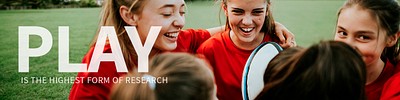 Inspiring quote banner template psd with girl rugby team background