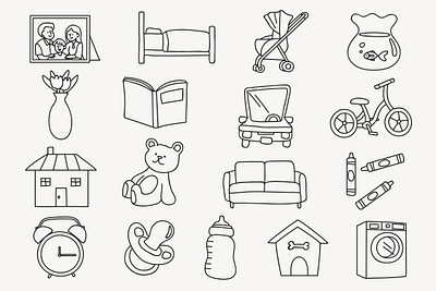 Home decor objects doodle clipart, furniture illustration vector set