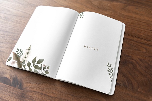 Floral notebook mockup wooden table | Premium PSD Mockup - rawpixel