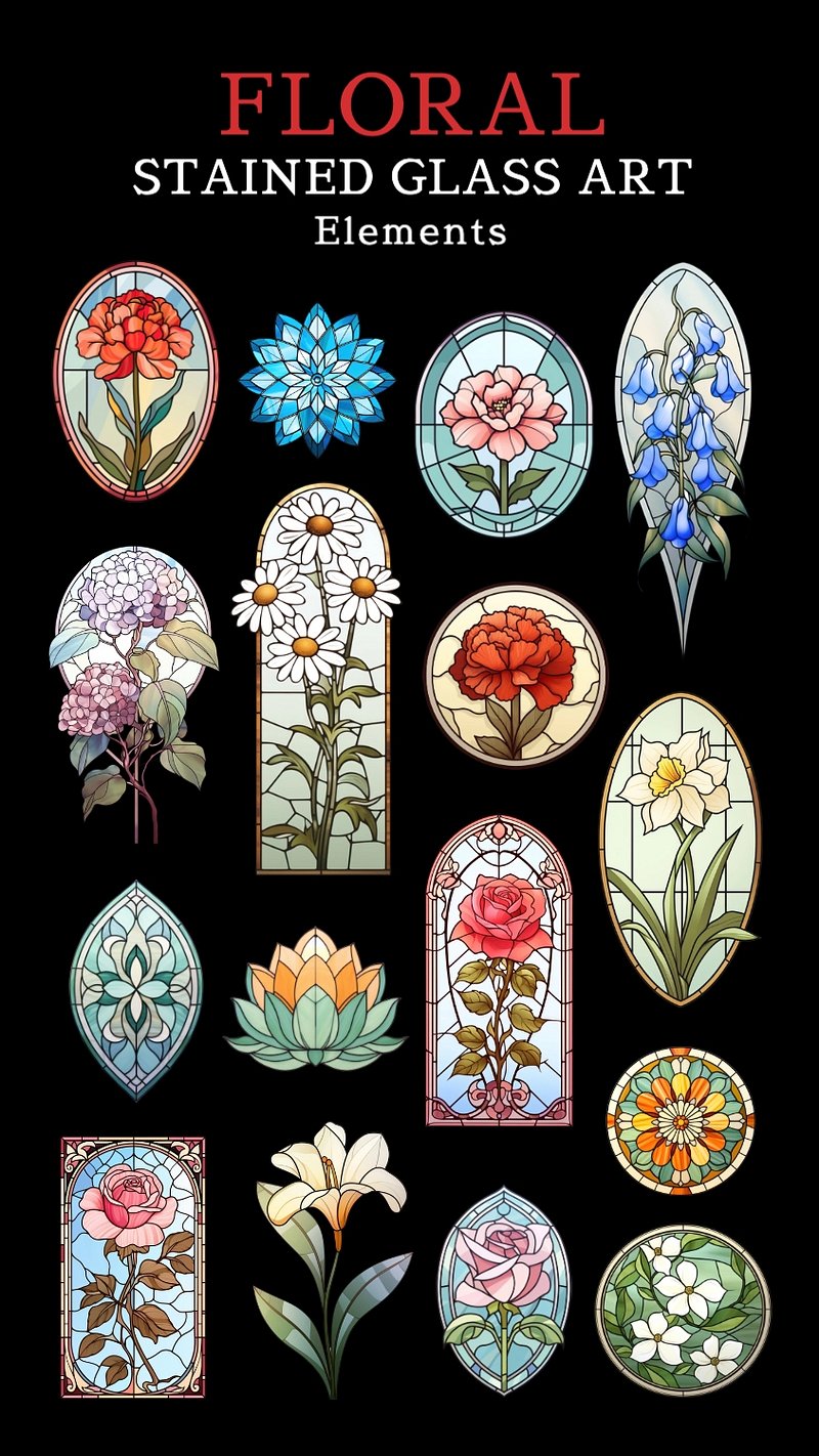 Floral Stained Glass Art Elements Premium Editable Design Rawpixel