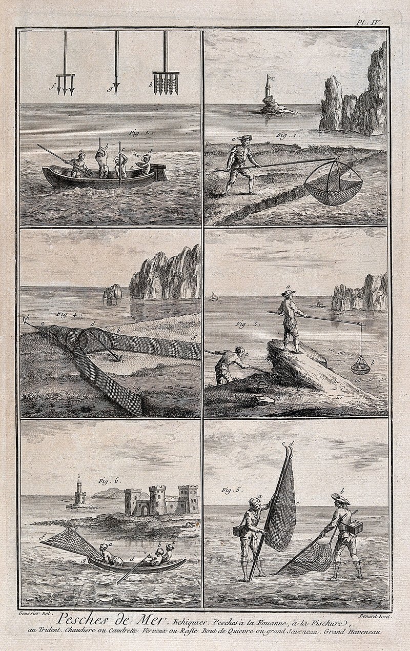 Fishing: two men fishing from a boat in a river (top), and plans and  elevations of the boat and net (below) Engraving, c.1762, by Benard after  L.J. Goussier.