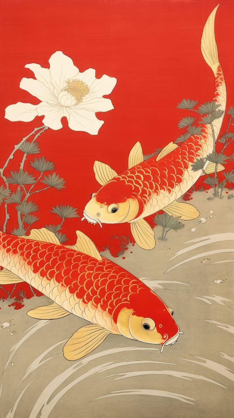 Premium Vector  Koi fish with japanese wave and flowers in