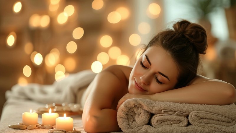 Woman enjoying massage in spa blanket candle adult.