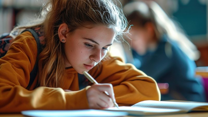 Girl student taking exam writing reading school