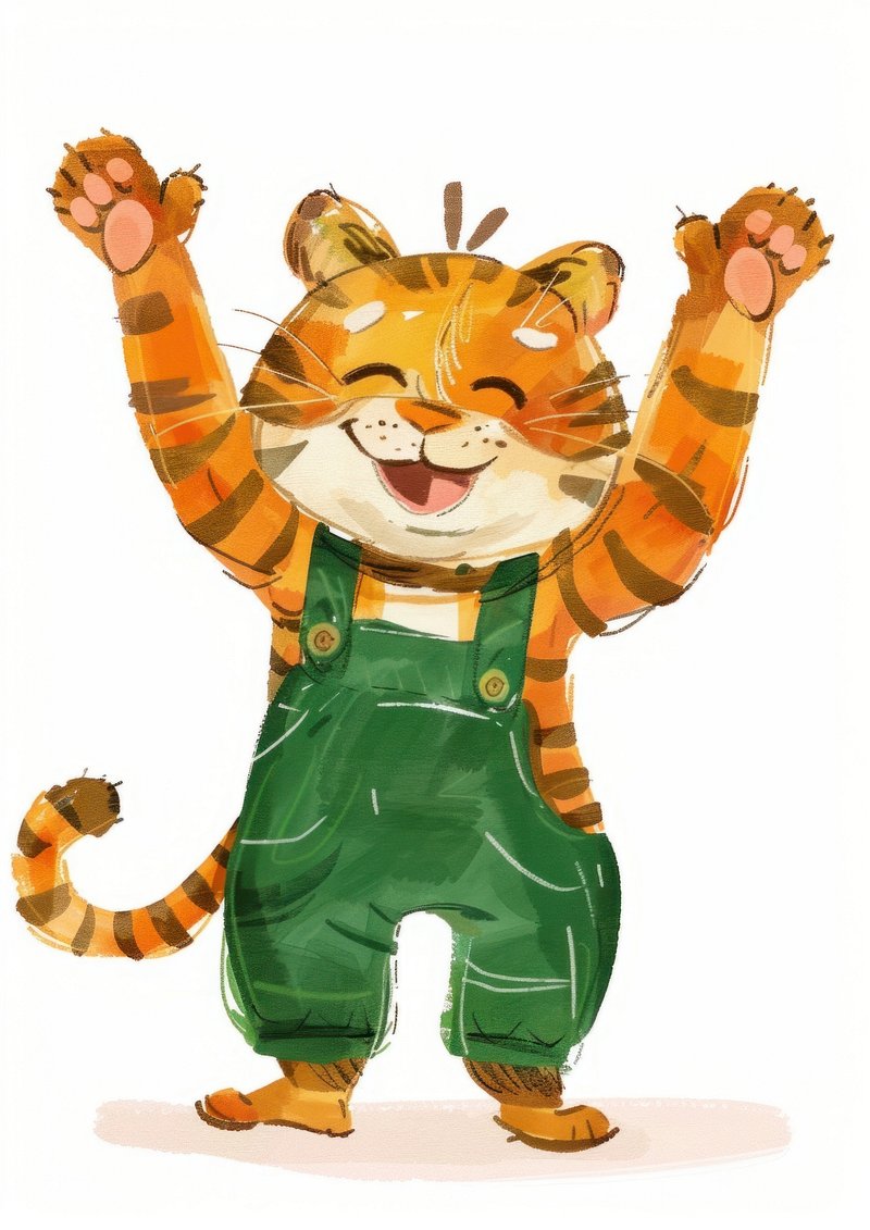 Tall striped tiger in green overalls with an open smile and upraised paws illustration character cute.