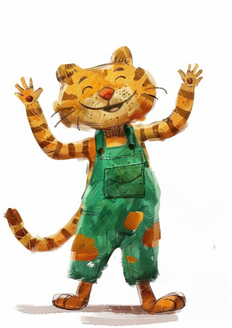 Tall striped tiger in green overalls with an open smile and upraised paws illustration character children.