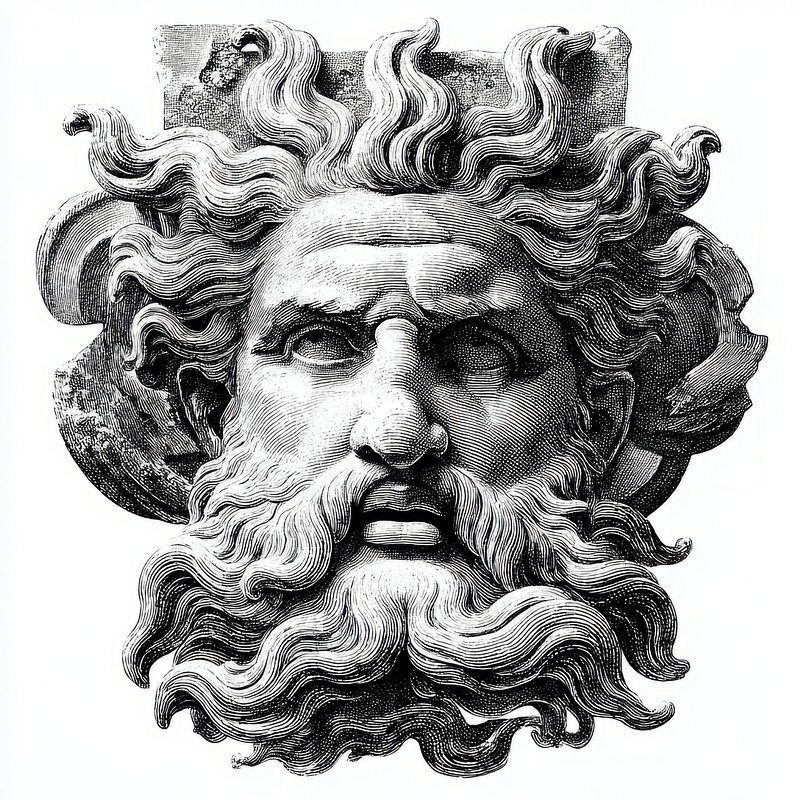Antique statue poseidon head sculpture classical drawing.