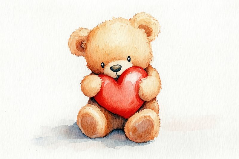 Teddy bear illustration watercolor heart.