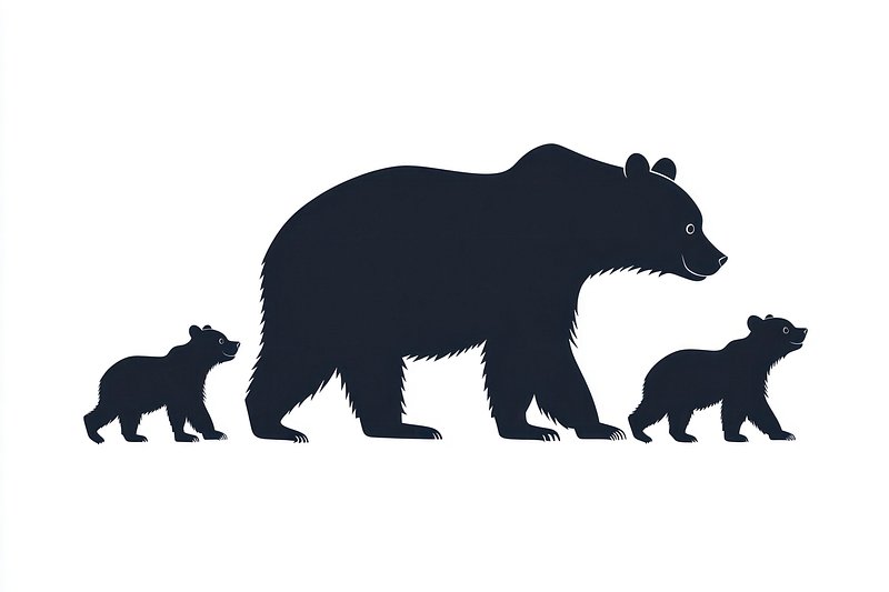 Bear and 2 cubs silhouette bear illustration.