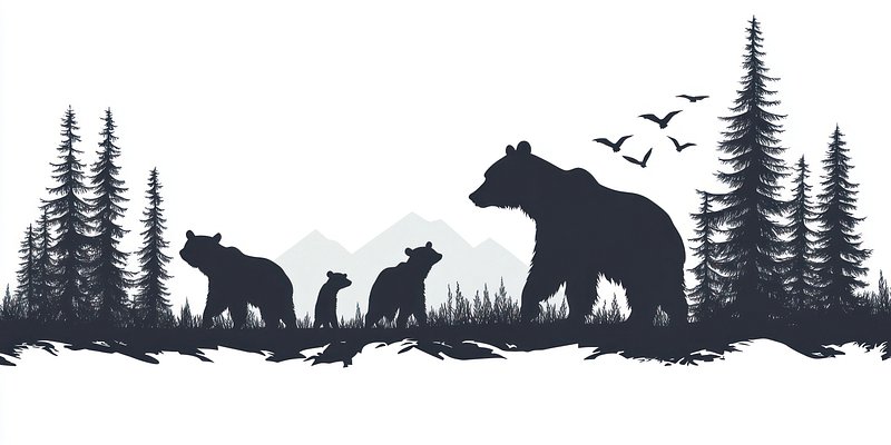 Bear family and forest silhouette bears illustration.