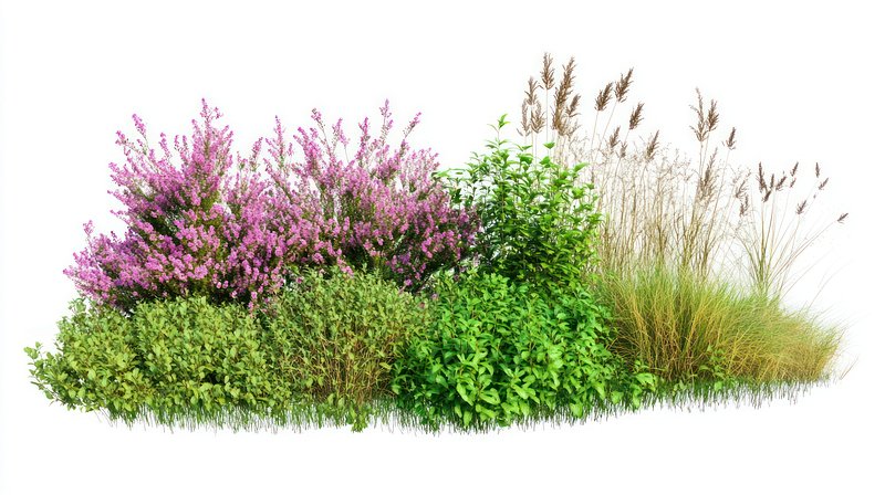 Group of different bushes flowers grasses plants.