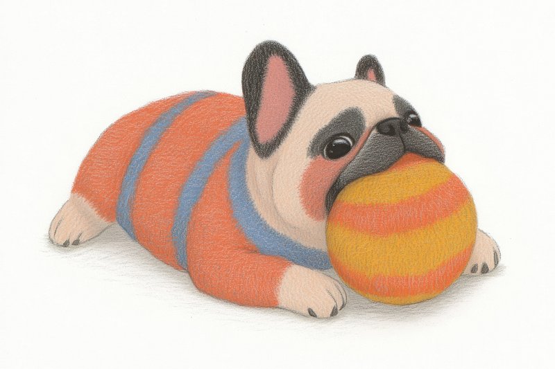 French bulldog puppy chewing ball cute illustration wildlife.