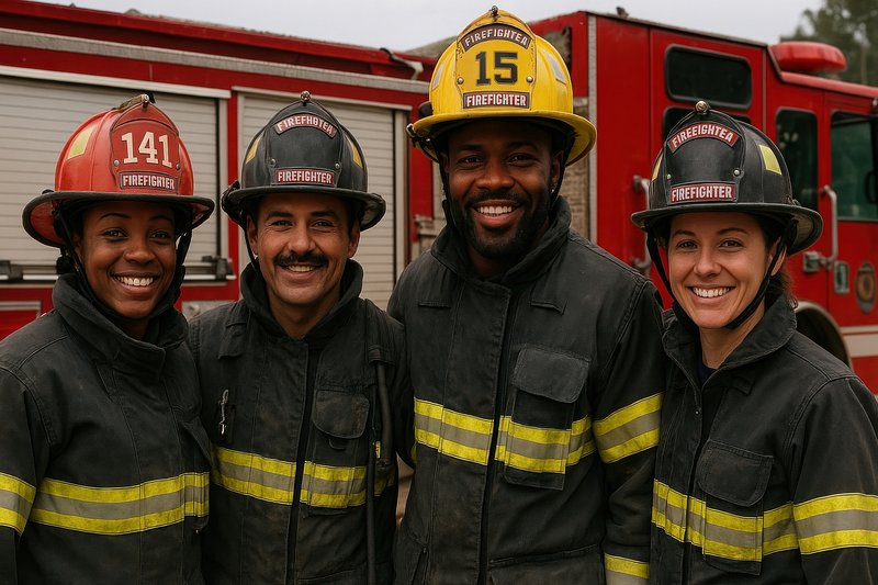Brave firefighters smiling together.