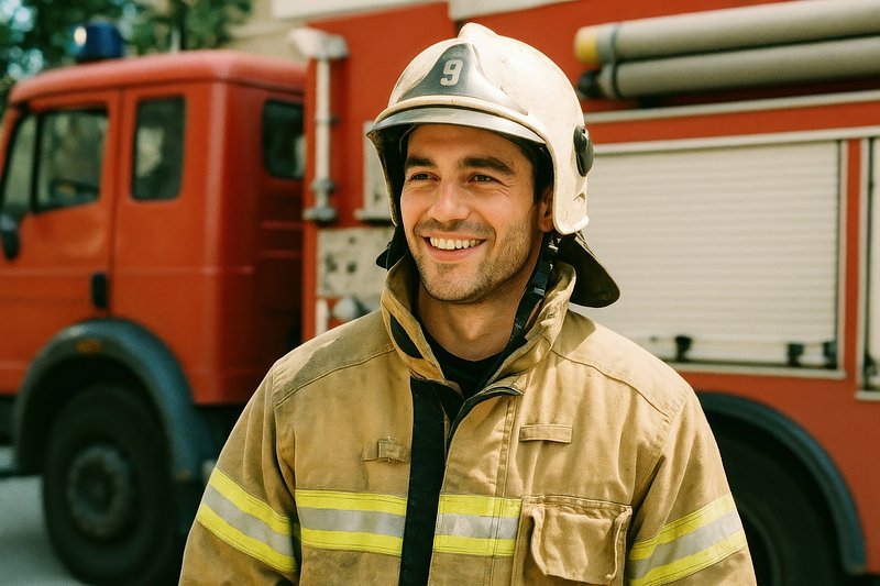 Smiling firefighter near truck