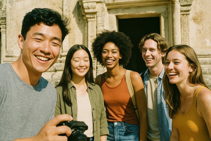 Friends exploring historic architecture together.