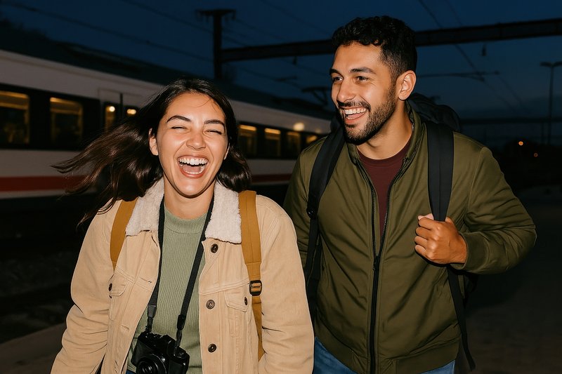 Joyful travelers at train station.