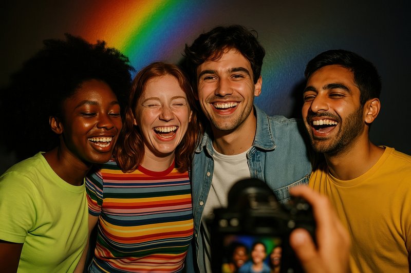 Joyful friends under rainbow light.